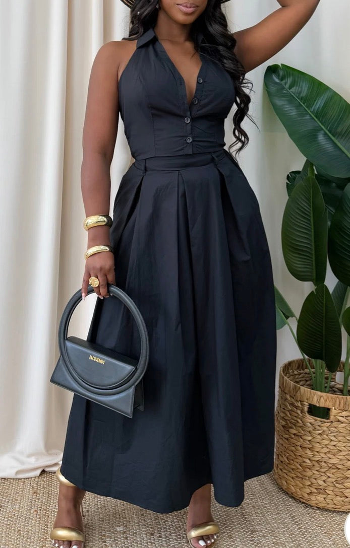 COLLARED HALTER TOP & BELTED MAXI SKIRT SET