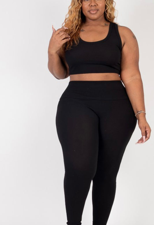 Plus Size Crop Top And Leggings Sets Black