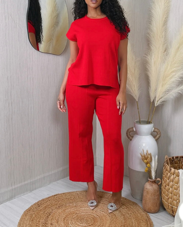 MUCLE KNIT TOP & PANTS SET Red