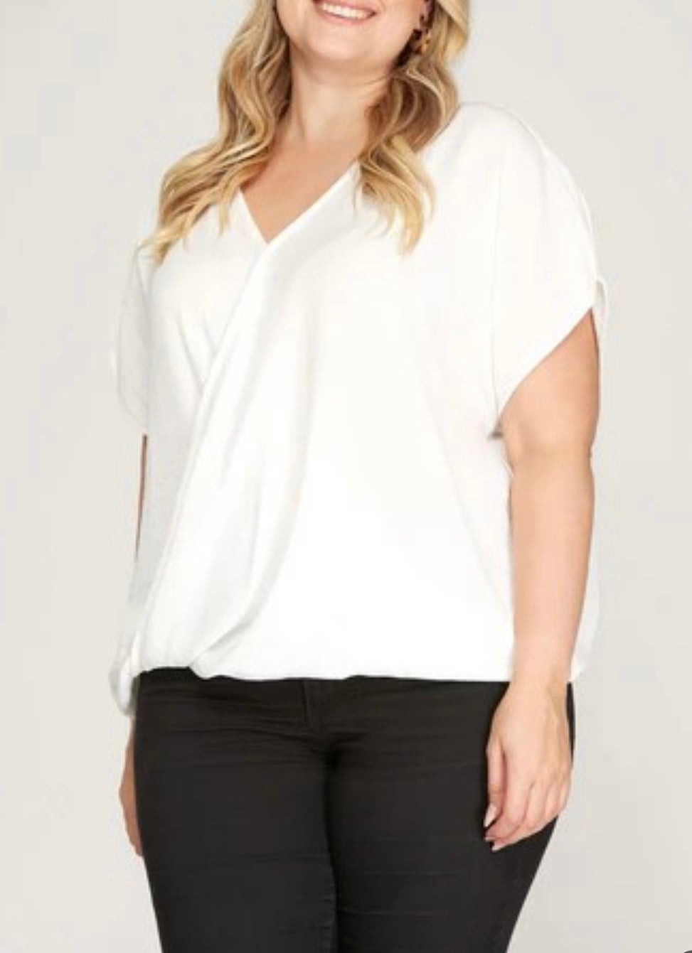 Off White Drop Short Surplice Woven Plus Size Top 192