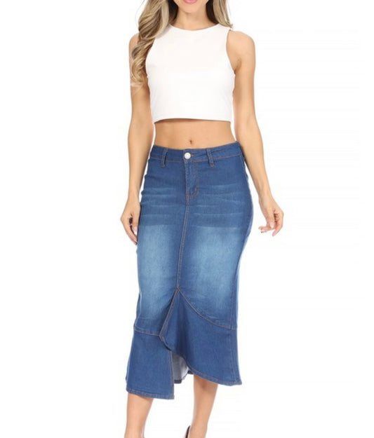 Denim Skirt  With A Split Indigo Wash Long