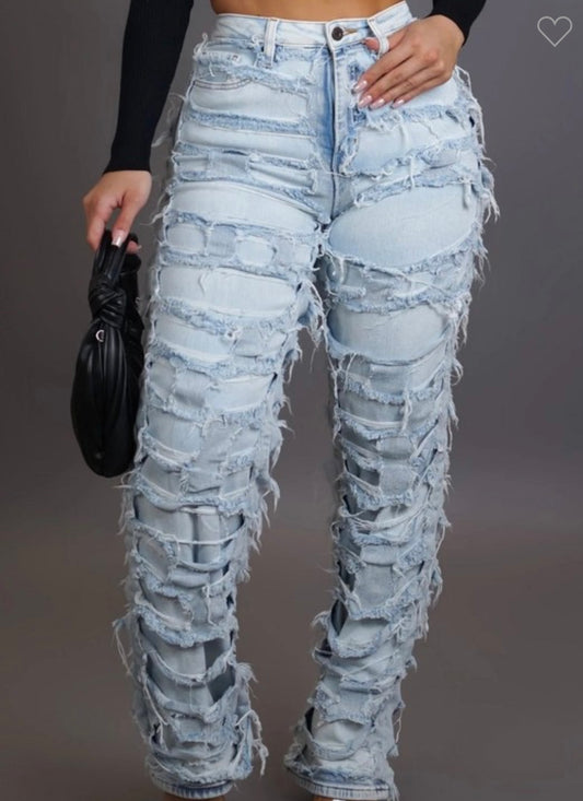 High Rise Double Layer Wide Leg Acid Wash Jeans