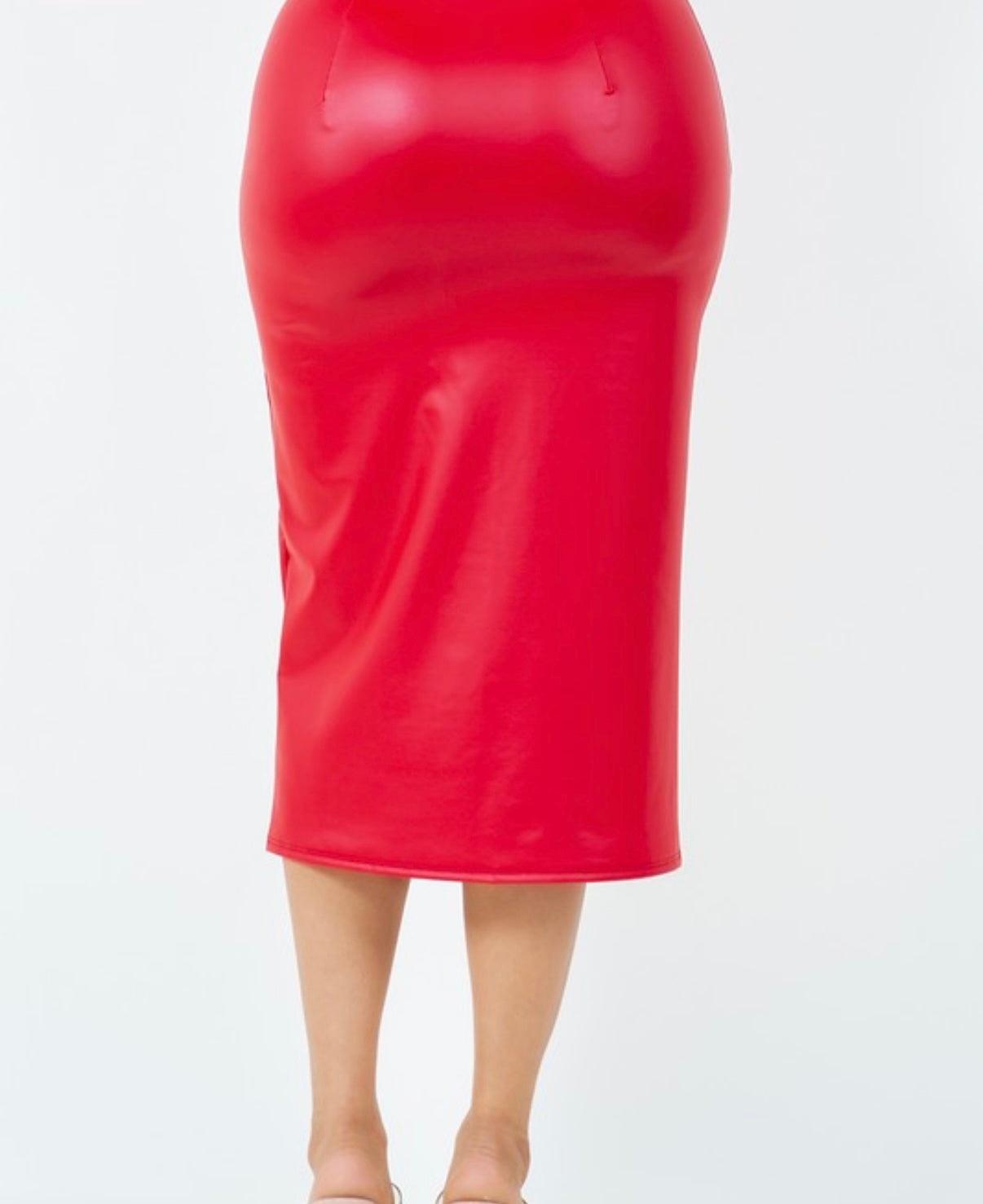 Solid Leather Pencil Midi Skirt Slit High Waist Plus