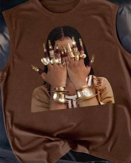 Gold Nail Woman Face Graphic Sleeves Tanks Top