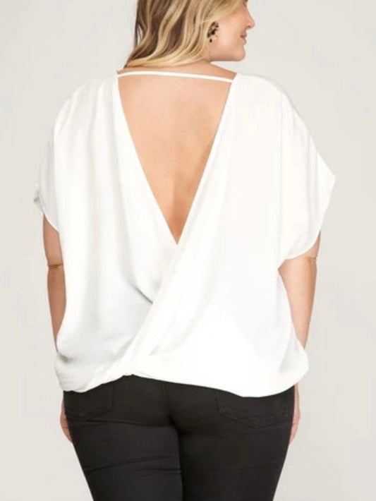 Off White Drop Short Surplice Woven Plus Size Top 192