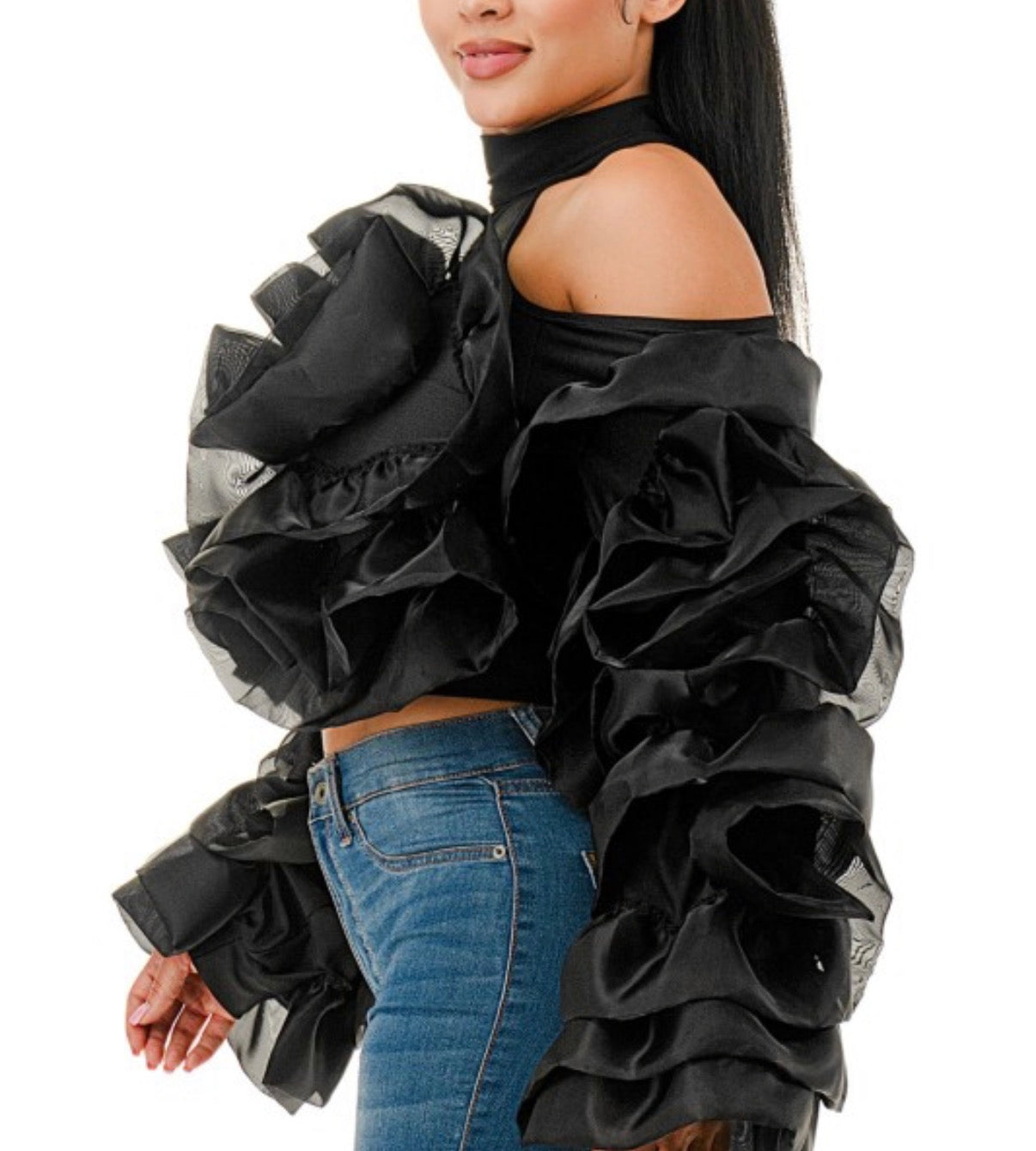 Plus Cold Shoulder Mock Neck Ruffles Crop Blouse T