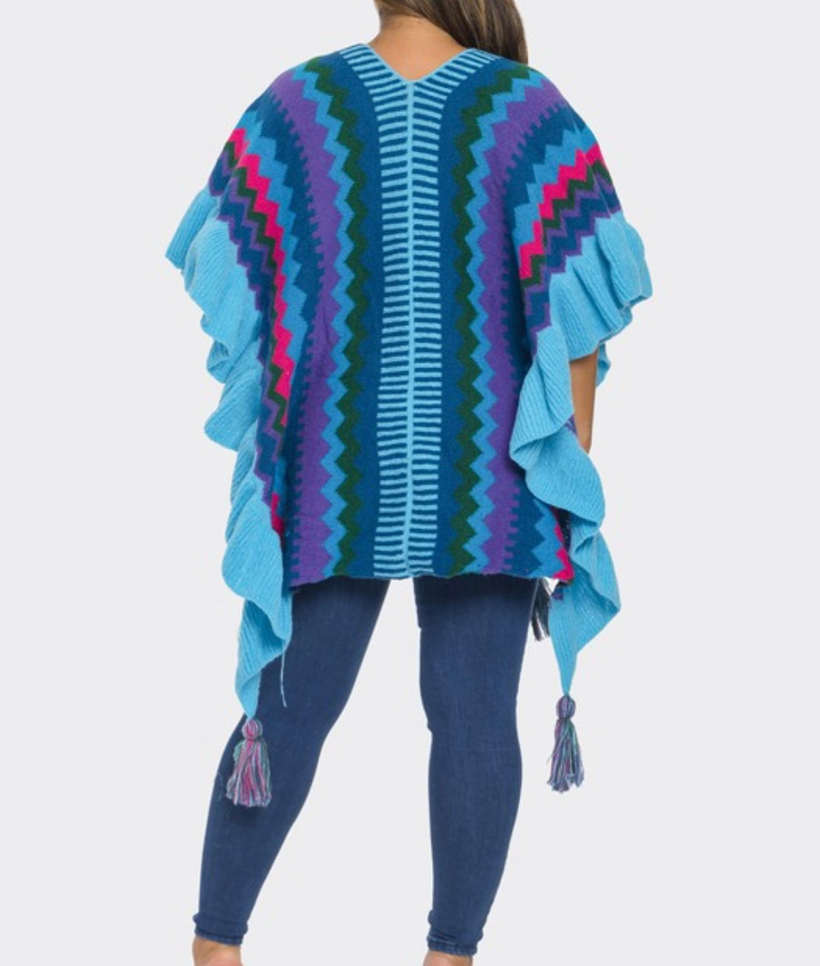 Multi Color Ruffle Detail Knit Top/shawl  ONESIZE BLUE/PURPLE