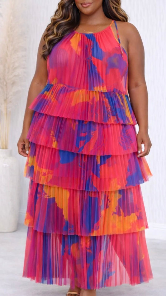 PRINTED LAYERED TULLE LONG DRESS