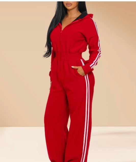 Jumpsuit Hooded Lined Fleece Side Stripes Red