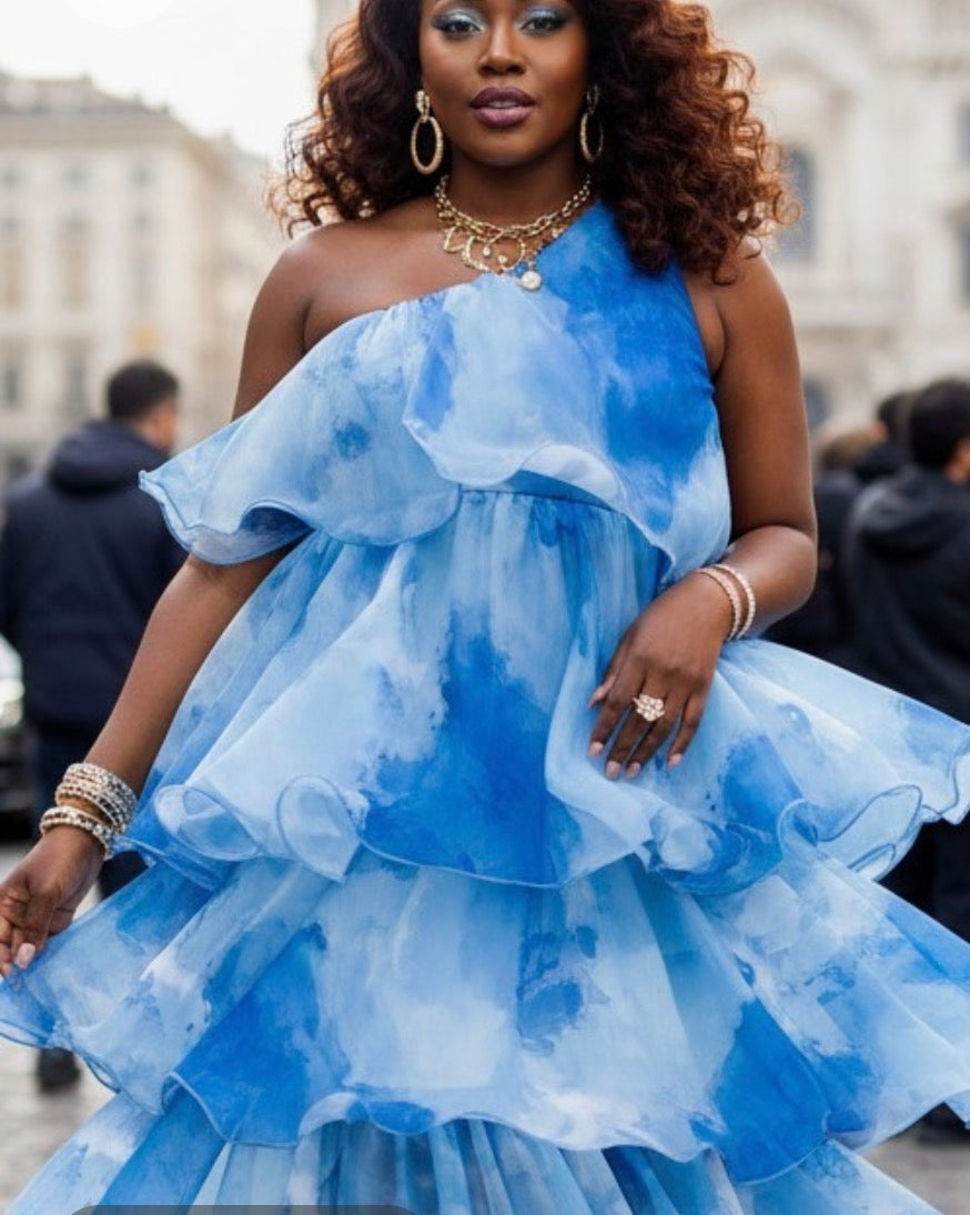 Plus Size One Shoulder Tiered Ruffle Midi Dress