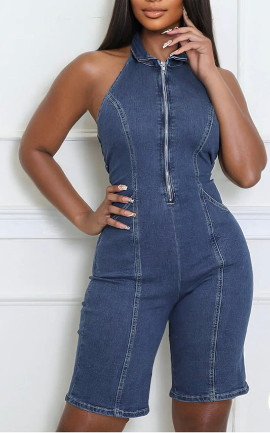 DENIM NECK OPEN BACK ROMPER