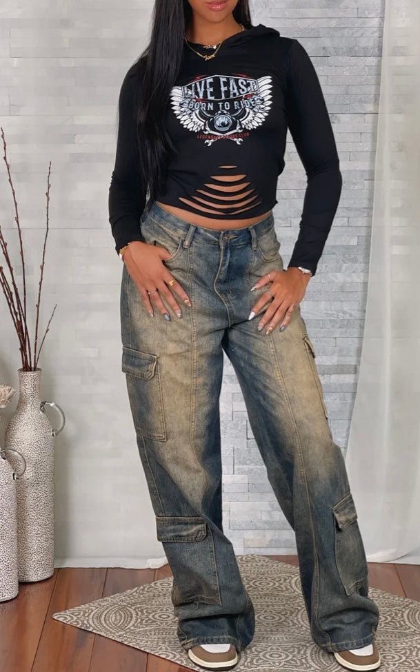 HIGH WAIST MULTI CARGO WASHED JEANS