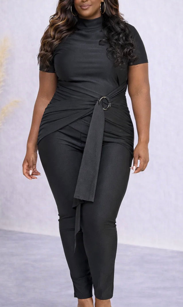 MOCK NECK BELTED WRAP JUMPSUIT (PLUS)