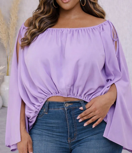 SPLIT SLEEVE ELASTIC NECK LOOSE FIT BLOUSE (PLUS)