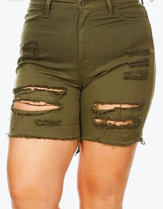 Plus Size High Rise Distressed Olive Shorts