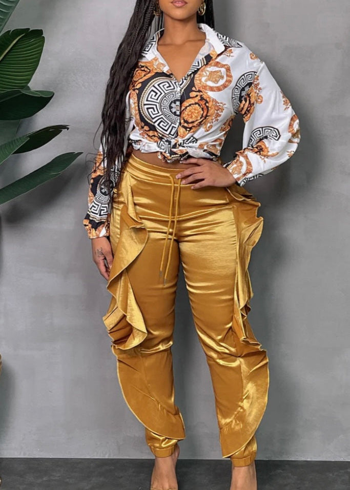 Ruffle Side Drawstring Jogger Pants (Plus) Gold