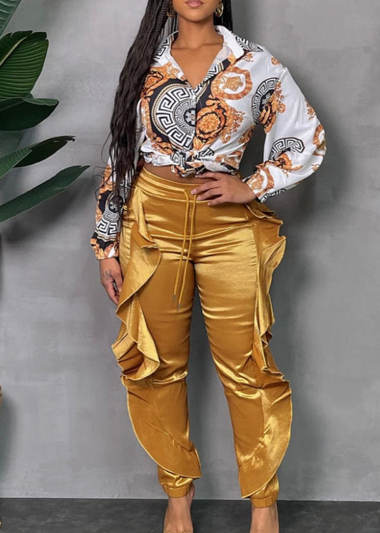Ruffle Side Drawstring Jogger Pants (Plus) Gold