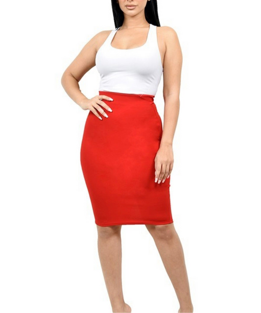 Solid Knee Length Pencil Skirt Red