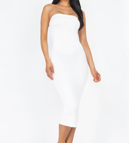 Strapless Tube Bodycon Midi Dress White
