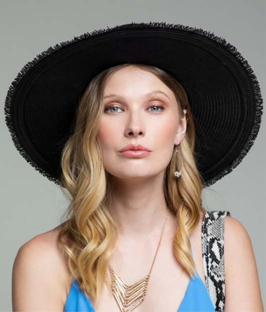 Wide Brim Frayed Straw Sun Hat