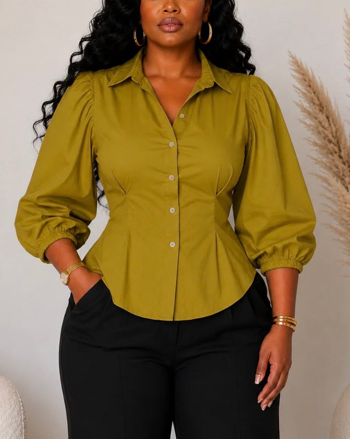 BUTTON UP PUFF SLEEVE BLOUSE Plue