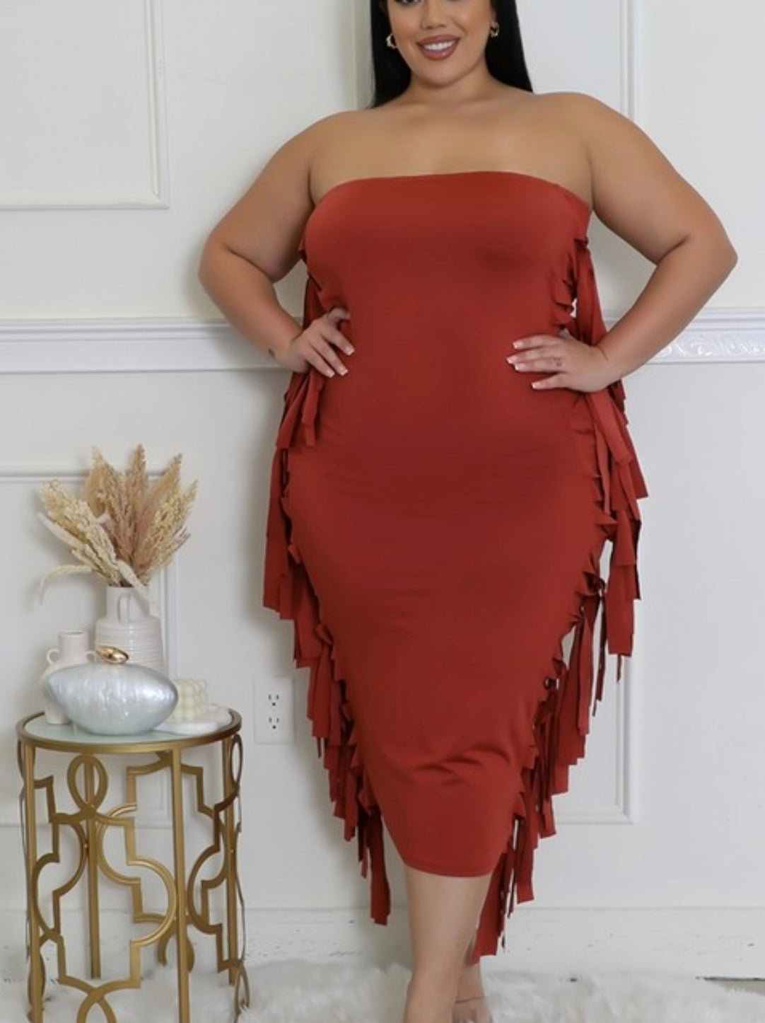 Stretch dress, Ruffles, No closure. Model is wearing a s. Brick
