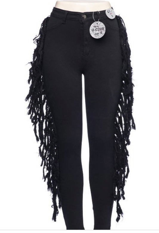 High Waisted Skinny Jeans Black fringe