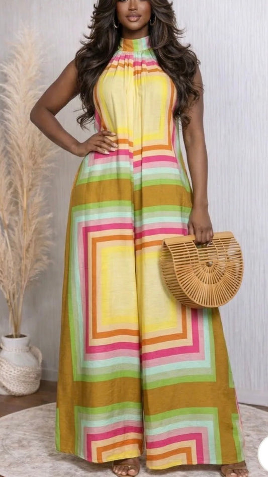 MOCK NECK SLEEVELESS PRINTED JUMPSUIT