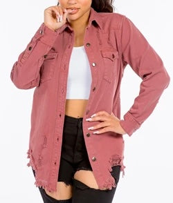 DISTRESSED DENIM SHIRTS JACKET Pink Plus