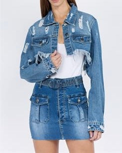 DISTRESSED DENIM JACKETS WITH FRAYED HEM Blue