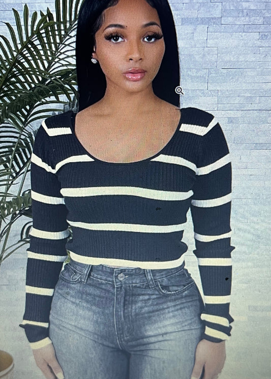 Black And White  LS Crop Top