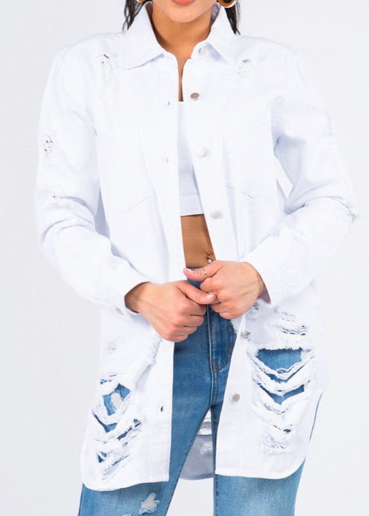 PLUS SIZE LONG LENGTH DENIM SHIRTS JACKET  White