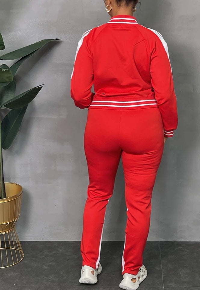 Long Sleeve Cold Shoulder Track Suit  Red/White Na