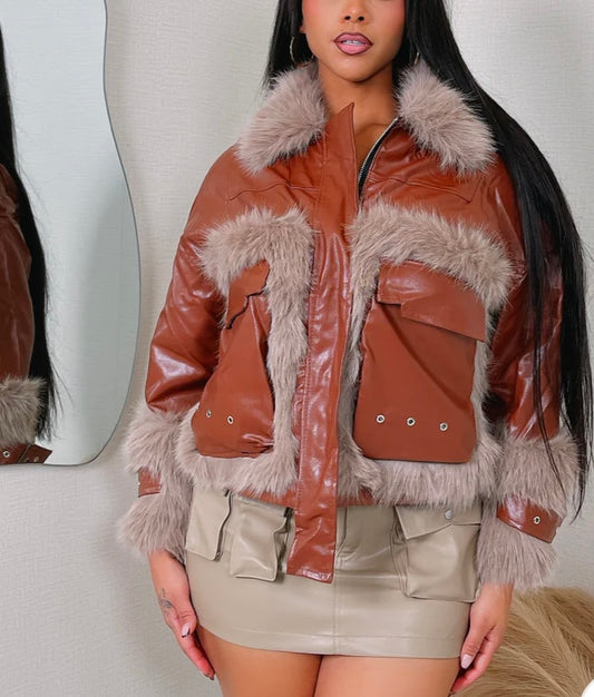FUR DETAIL JACKET Brown