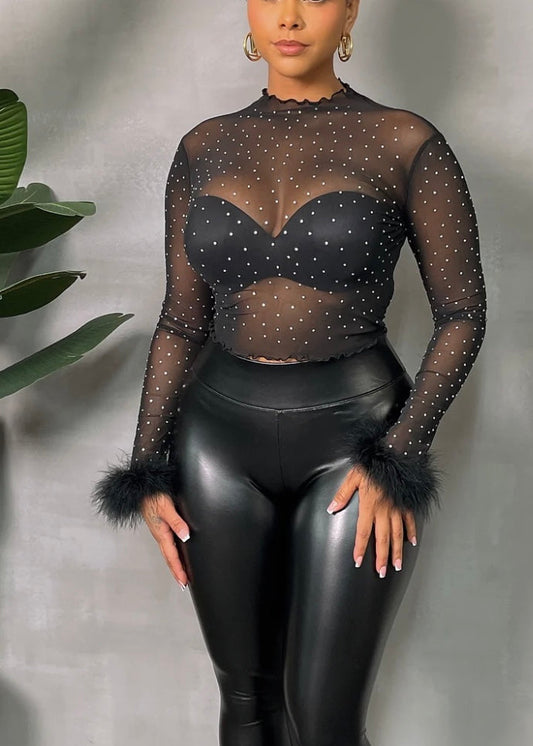 Black Fur Sleeve Mesh Rhinestone
