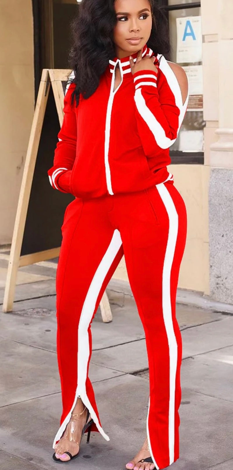 Long Sleeve Cold shoulder Track Suit Red