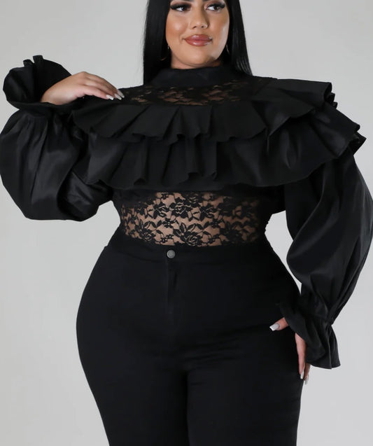 Plus  Ruffle Lace Blouse Black