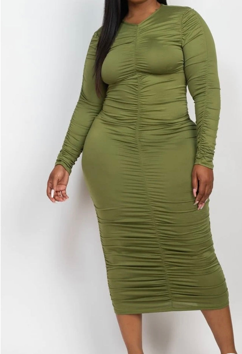 Ruched Long Sleeve Plus Dress Green