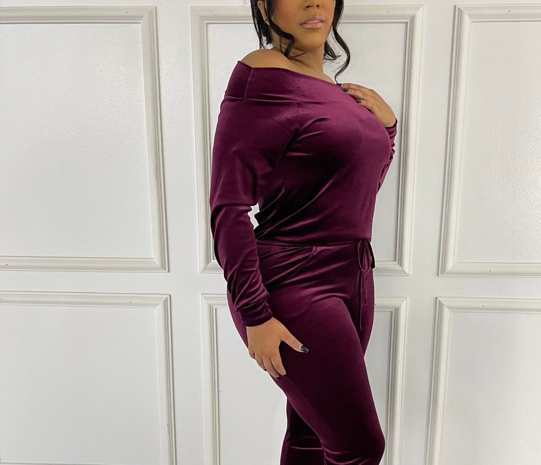 Velvet Off the Shoulder Jumpsuit Burgundy