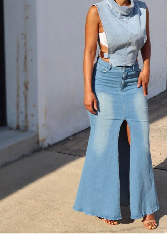 Slit Opening Denim Skirt Lt Biue