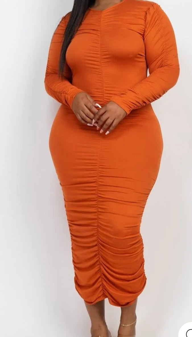 Ruched Long Sleeve Plus Dress Rust