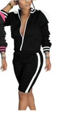 Long Sleeve Cold shoulder Track Short Suit Black/White