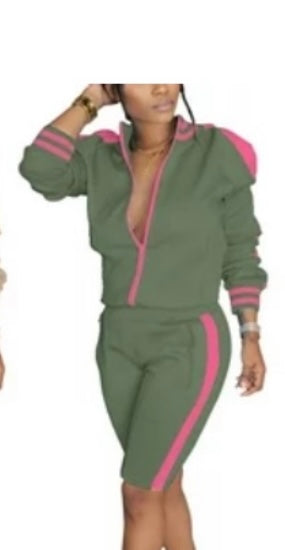 Long Sleeve Cold shoulder Track Short Suit Green/Pink Plus