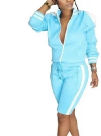 Long Sleeve Cold shoulder Track Short Suit Blue Plus