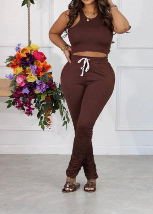 Ruched Pants Set  Coffe