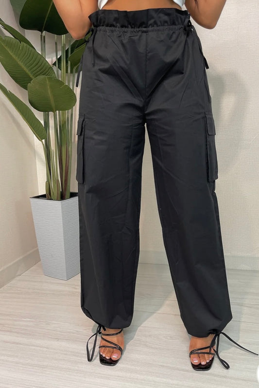 Side Tie Cuff Wide Cargo Pants Black Plus