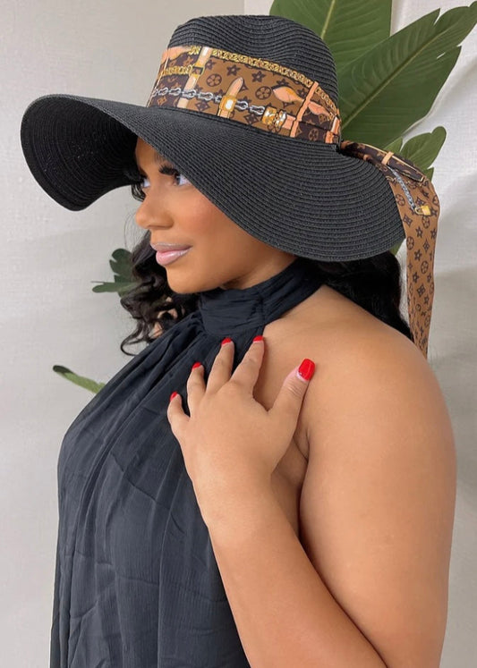 Sun Hat With Scarf  Black/Brown