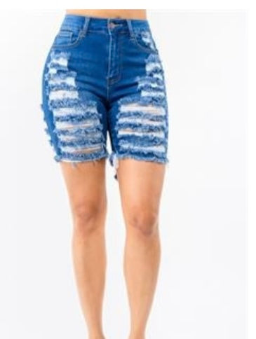 HIGH WAIST DISTRESSED THIGHS DENIM SHORTS