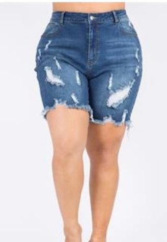 PLUS SIZE DISTRESSED DENIM SKINNY SHORTS