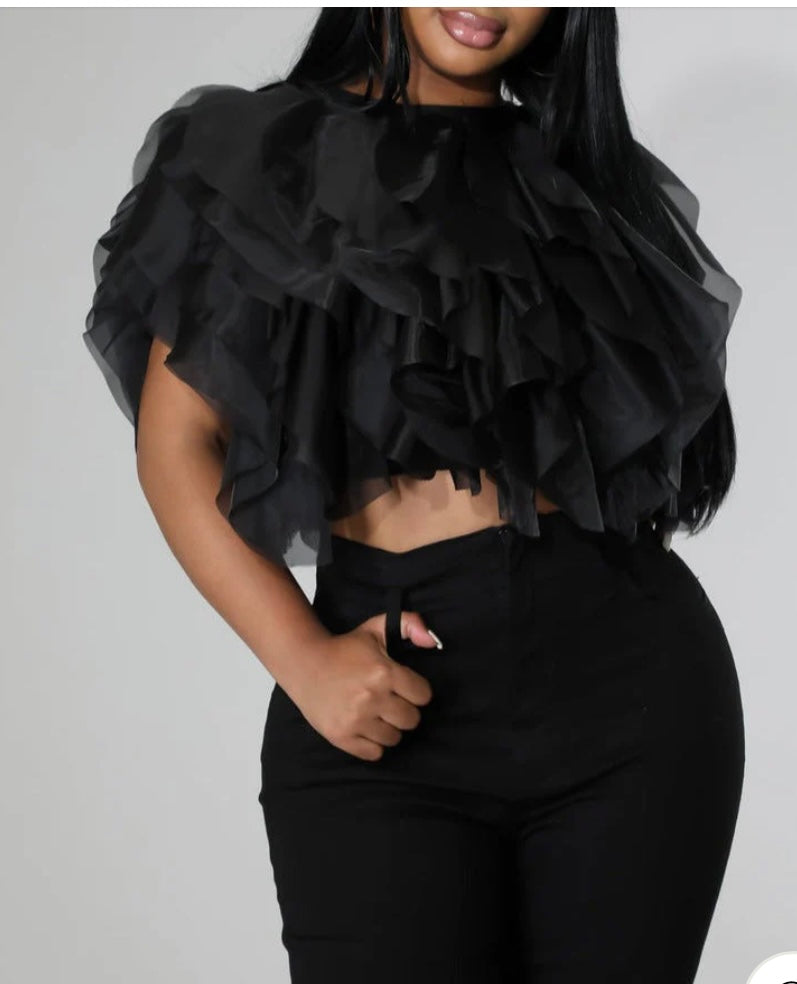 Short Sleeve Ruffle Top Black Plus